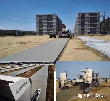 上:攤鋪完的廠房地坪混凝土板;下左:安裝在機身后部伸長臂上的超級抹平器,對混凝土表面進行進一步修復和處理;下右:一臺 SP 25 滑模攤鋪機即可整合所有傳統(tǒng)施工步驟,實現(xiàn)同步一體化作業(yè)